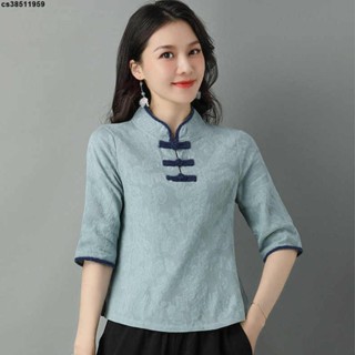上衣👍純棉新中式民國風復古唐裝仿棉麻夏季中國風漢服立領上衣女T恤