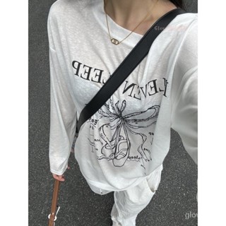 🌷臺灣出貨🌷Glove 夏季2024新款 慵懶薄款 長袖T恤 印花微透 防曬罩衫 斜肩寬鬆 百搭上衣 長袖T恤女