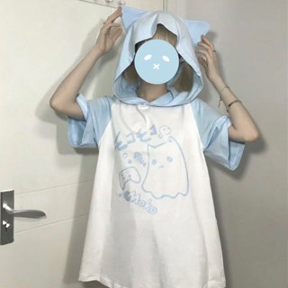 Meet.You.二次元黑白幽靈貓貓耳朵連帽短袖衛衣T恤女學生夏季日係可愛上衣