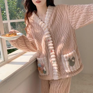 OL 大尺碼睡衣 珊瑚絨睡衣女冬季加絨加厚花朵2024年新款春秋天法蘭絨家居服套裝