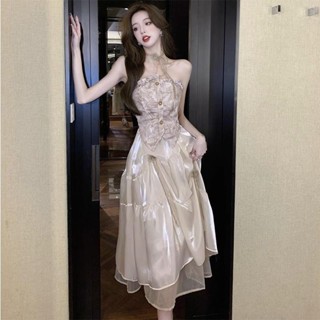 禮服 晚禮服 訂婚服 茶歇法式復古高級感吊帶連衣裙秋裝新中式宮廷風生日禮服仙女長裙訂婚 結婚 輕奢禮服