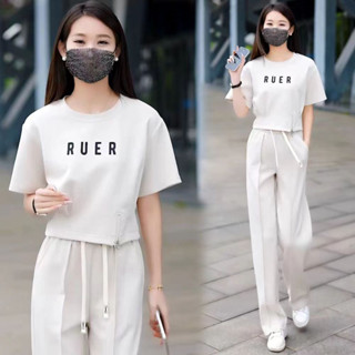 大碼套裝 個人套裝 休閑裝💕夏季休閑運動套裝女2024新款洋氣收腰顯瘦短袖上衣闊腿褲兩件套潮
