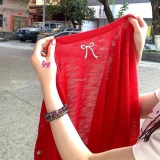 七木林🌈蝴蝶結刺繡紅色短版針織小外套女夏季薄款外搭冰絲防曬外套披肩上衣的們歡我貂 1CSG
