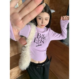 溫馨✨緊身顯瘦設計感圓領長袖字母T恤上衣舒適百搭長袖短版上衣 長袖T恤