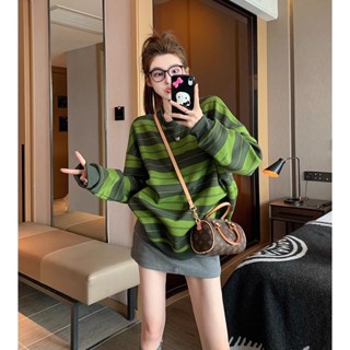 妞妞美🌈 春秋內搭衣 長袖上衣 大碼美式複古條紋衛衣女春秋季新款設計感胖MM寬鬆顯瘦慵懶風上衣 長袖女生 女生上衣