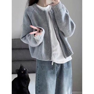 【Sweet Oversize】灰色短款毛衣外套女裝春秋2024新款寬鬆加厚拉鏈開衫長袖針織上衣