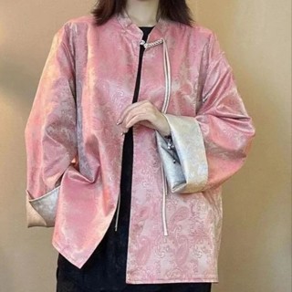 中國風上衣女 新中式女裝高檔國風緞面襯衫春秋款氣質唐裝兩面穿開衫上衣短外套 新中式上衣 長袖襯衫女 大尺碼春秋長袖女