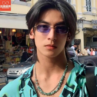 墨鏡 小框墨鏡 復古港風方形窄框小臉墨鏡金框紫片太陽眼鏡男士潮出遊墨鏡百搭帥