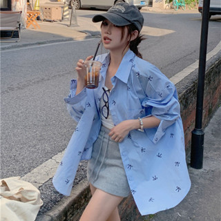 coco小姐✨蝴蝶結印花 長袖 襯衫 女上衣 秋天女裝 polo領 寬鬆 中長款 襯衣 開衫外套 女裝