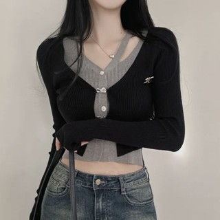 臺灣出貨✨純欲風辣妹chic長袖針織衫女秋季新款假兩件設計感顯瘦短款上衣服