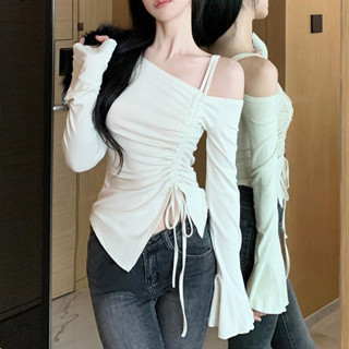 coco小姐✨純慾風 女上衣 百搭 休閒 時尚 露肩 抽繩 長袖 T恤 女裝 不規則 修身 顯瘦 長袖上衣