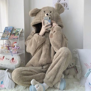 【麥得多精選】ins可愛熊寶珊瑚絨睡衣女冬季加絨加厚保暖法蘭絨韓版居家服套裝