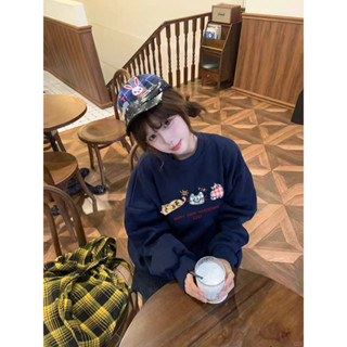 slowly衣客 藏青美式復古大學T 衛衣 寬鬆顯瘦 oversize 印花衛衣 小個子 卡通圓領 重磅衛衣