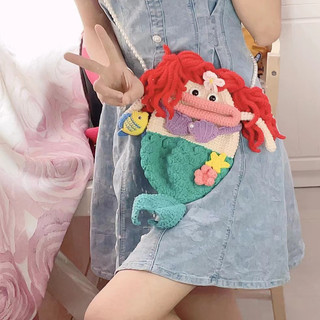 DIY熱銷🎈美人魚手機包鉤織diy手作材料包解悶手工毛線編織搞怪可愛送閨蜜禮物 香腸嘴手機包鉤織材料包斜背包送女友