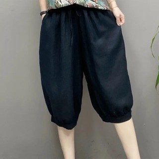 新款冰絲棉麻闊腿燈籠休閒褲女大碼寬鬆夏季純色顯瘦五分褲子 棉麻短褲 休閒闊腿褲 燈籠褲 五分短褲