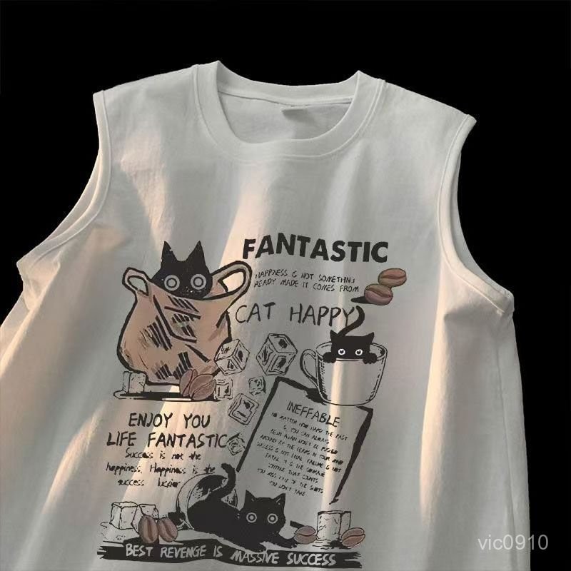 型男必備🎯 100%卡通趣味貓咪無袖坎肩背心t男女夏新款港風潮休閒寬鬆上衣 I9P6