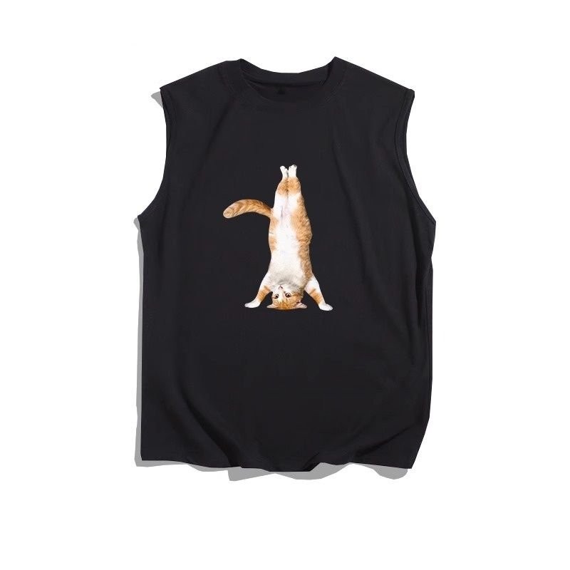 【全店免運 限時下殺】倒立貓咪美式黑色無袖背心男夏季薄款純色運動健身坎肩坦克背心 健身 彈力背心 吊嘎運動背心 男生背心