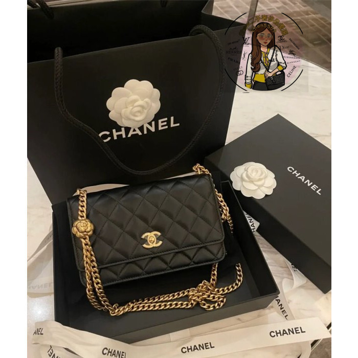 精品現貨 CHANEL 23S 山茶花 調節扣 黑色 小羊皮 Woc 雙鍊 斜背包 AP3297 現貨