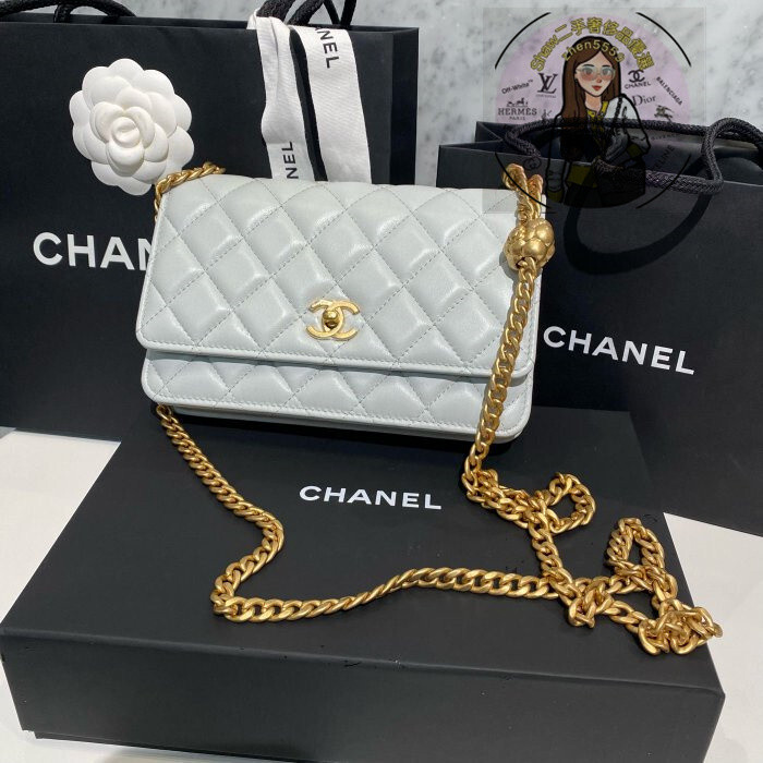 精品現貨 CHANEL 23S 山茶花 調節扣 淺藍灰 小羊皮 Woc 雙鍊 斜背包 AP3297 現貨