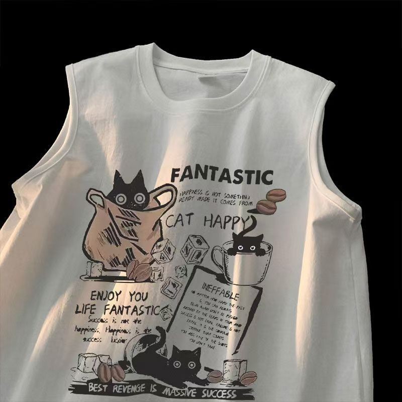【上新】夏季背心男 涼感100%卡通趣味貓咪無袖坎肩背心t男女夏新款港風潮休閒寬鬆上衣