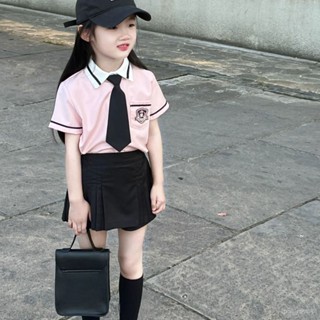 【Mini】童裝館 女童夏套裝2025新款兒童衣服大童jk學院風女孩短袖寶寶裙褲超好看JK製服 學院風洋裝百褶裙格紋短裙