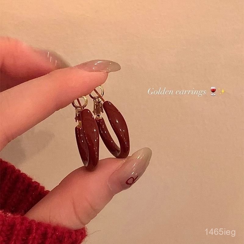 優品質 耳環 復古耳環 紅茶風安可拉紅小耳圈小衆設計秋冬複古耳環圓圈高級精緻耳飾耳釘 時尚