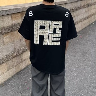 美式高街黑色正肩刺繡字母短袖t恤 夏季寬鬆設計感小眾情侶上衣