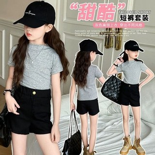 Mimo⭐女童褲子黑色牛仔短褲夏季高腰緊身顯瘦褲子T恤套裝