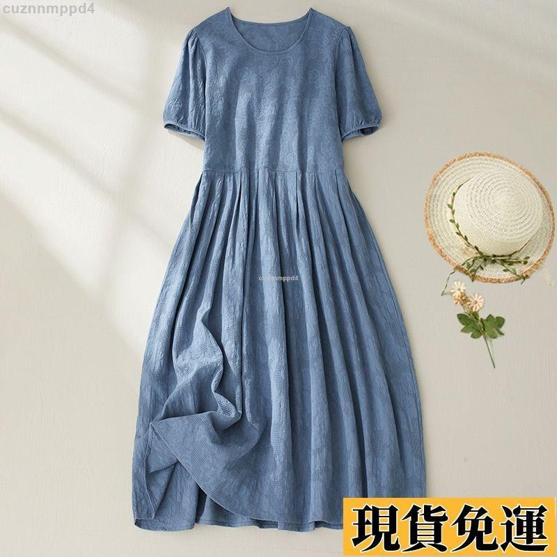 🌸限時免運🌸 【三色】專櫃尾貨女夏天新款垂感棉麻透氣胖mm顯瘦圓領連衣裙潮 文艺复古氣質洋裝 媽媽洋裝 中年媽媽顯瘦