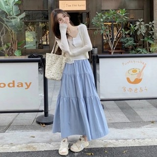 法式半身裙 A字裙 蓬蓬裙 蛋糕裙 藍色半身裙女夏新款高腰遮胯顯瘦a字裙中長款法式蛋糕裙 韓版服飾 大尺碼女裝 夏日服裝