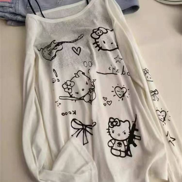 臺灣出貨 短袖T寬鬆上衣短袖上衣女生敲可愛~kitty印花長袖T恤女春夏新款寬鬆防曬休閒罩衫上衣ins