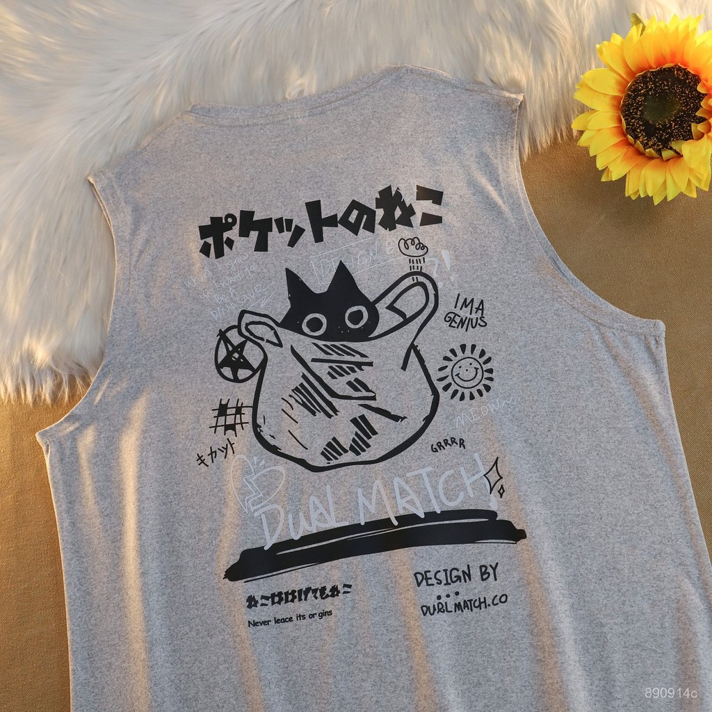 【全店免運 限時下殺】夏季卡通背心男日係cityboy薄款冰絲運動坎肩背袋貓咪無袖T恤男女坦克背心 健身 彈力背心 吊嘎