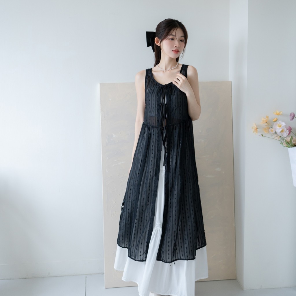 現貨~圓領前綁結直條光澤透膚背心洋裝、疊穿背心【RC601881】DesireShop
