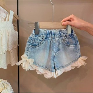 Mimo⭐女童褲子夏季兒童花邊牛仔褲寶寶百搭蝴蝶結休閒短褲