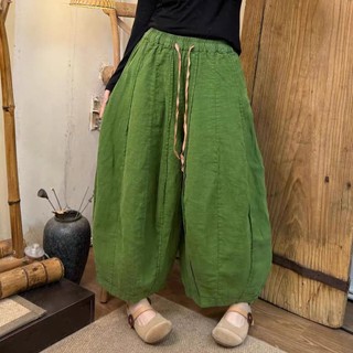 欣儀 花樓出品2026春季新款休閒百搭簡約風高定重工拚接砂洗亞麻燈籠褲