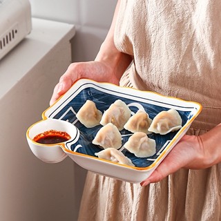 Japanese style one-piece ceramic dumpling plate with vinegar