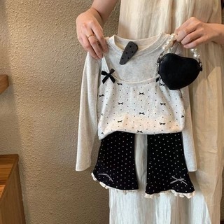 Mimo⭐現貨🌈春秋季兒童長袖蝴蝶結上衣喇叭褲女寶寶兩件套裝