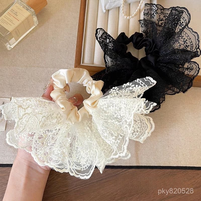 【免運】臺灣出貨 大腸髮圈 韓係輕奢雙層裙擺蕾絲花邊大腸髮圈超大頭花髮繩高顔值褶皺新款 DCCN