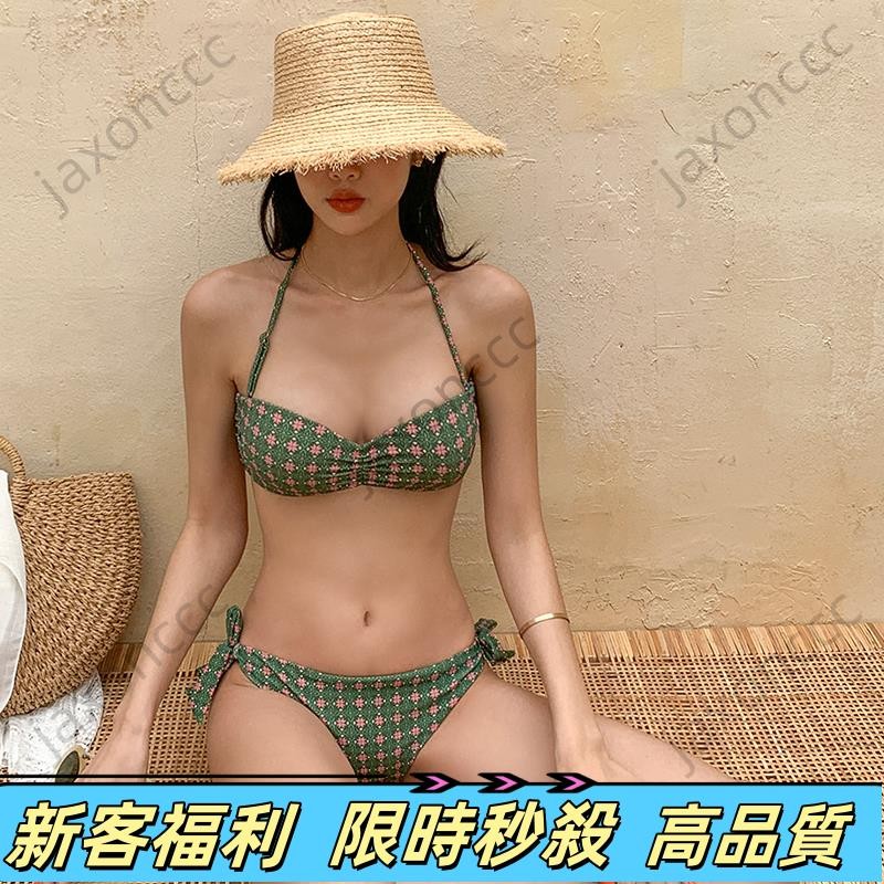 🏆熱賣推薦🏆復古款 綠色 掛脖 格子 綁帶比基尼女 歐美性感bikini 無鋼圈 小胸集中型比基尼泳衣 泡湯游泳衣