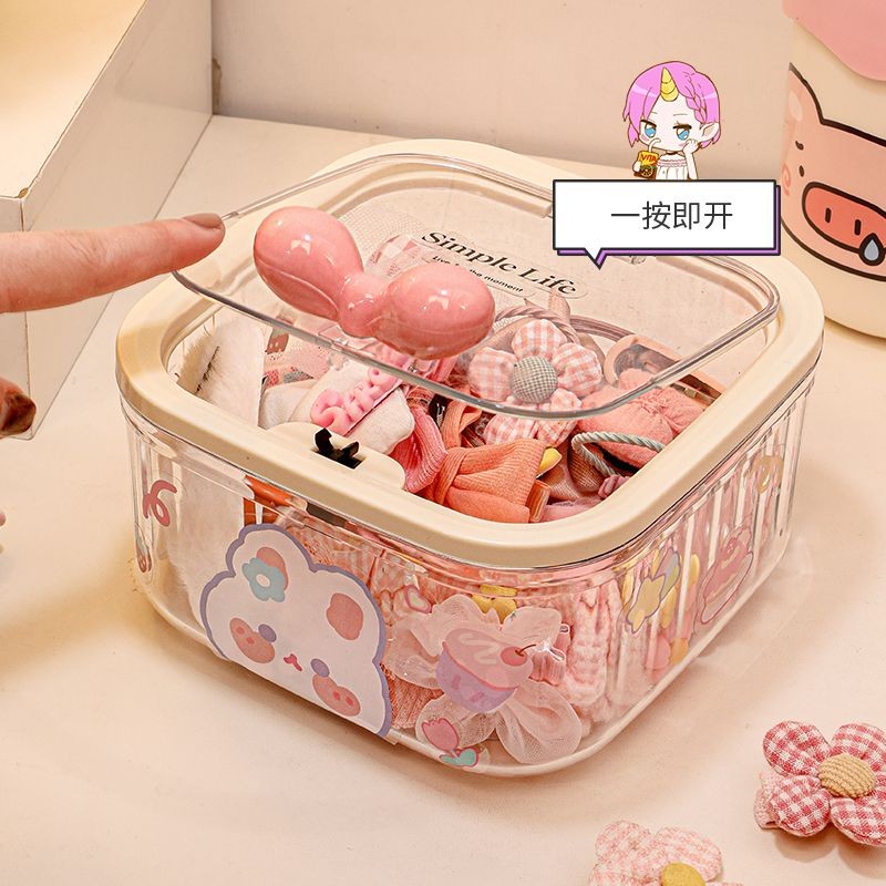 桌麵髮飾髮繩萌粒收納盒大容量帶蓋防塵透明罐子兒童髮夾收納