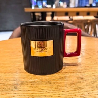 店鋪嚴選原創星巴克經典時尚黑金銘牌豎條紋陶瓷馬克杯子辦公室桌面杯咖啡水杯新品