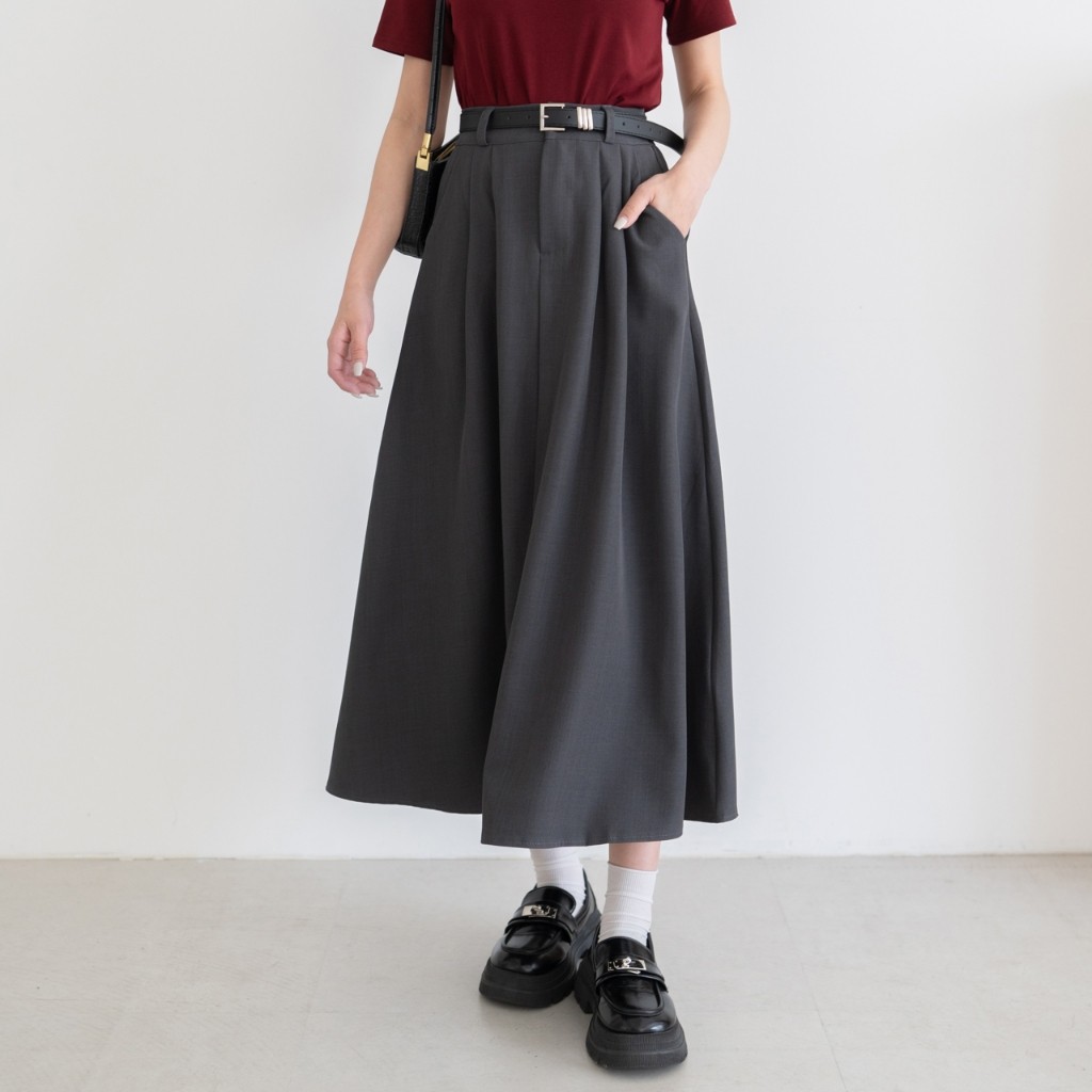 附皮帶!單釦後鬆緊前打摺口袋西裝長裙【JM277181】DesireShop