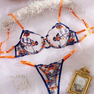 法式藏青刺繡性感文胸套裝 超薄透明聚攏胸罩 透視少女蕾絲鋼圈胸罩內衣 6AZG