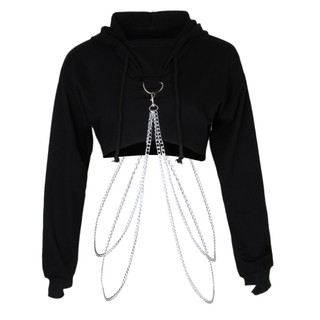 Punk Women Girls Fashion Metal Chain Pullover Hoodie Crop