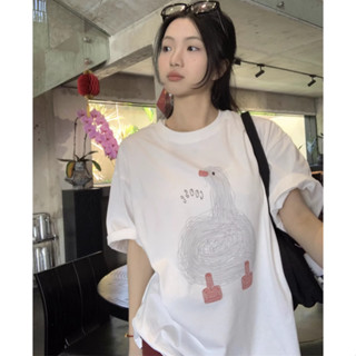 心動不如行動！ 趣味卡通 搞怪鴨鴨印花短袖T恤 潮流夏季 寬鬆oversize 顯高顯瘦 百搭減齡正肩女上衣 慵懶風