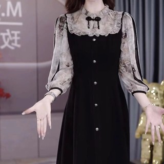 速賣 高階感洋氣減齡假兩件雪紡連衣裙2025早秋新款七分袖遮肚百搭裙子 雪紡洋裝 雪紡連身裙 夏季連身裙 大尺碼夏季洋裝