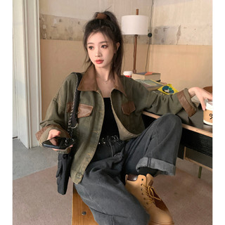 👗文文衣倉👒 拚接polo領做舊水洗牛仔外套女春秋新款寬鬆oversize美式複古夾克