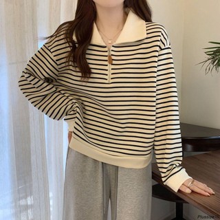 大尺碼女裝大學t衛衣女長袖上衣女生上衣條紋Polo領衛衣寬鬆半拉鏈大碼長袖上衣大尺碼長袖女大碼衛衣韓系上衣