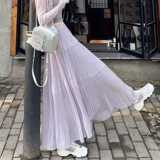 素色簡約半身裙 百褶裙 長裙 A字裙 雪紡壓褶半身裙女夏新款高腰顯瘦a字遮胯大擺百褶長裙 韓版女裝 多巴胺衣服 夏日服飾