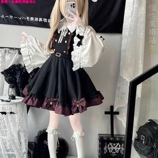🍀 地雷系 地雷系衣服 y2k y3k 亞文化 原宿風 甜心邂逅襯衫上衣背帶甜美兩件套裝miu顯瘦半身裙高腰黑色洛麗